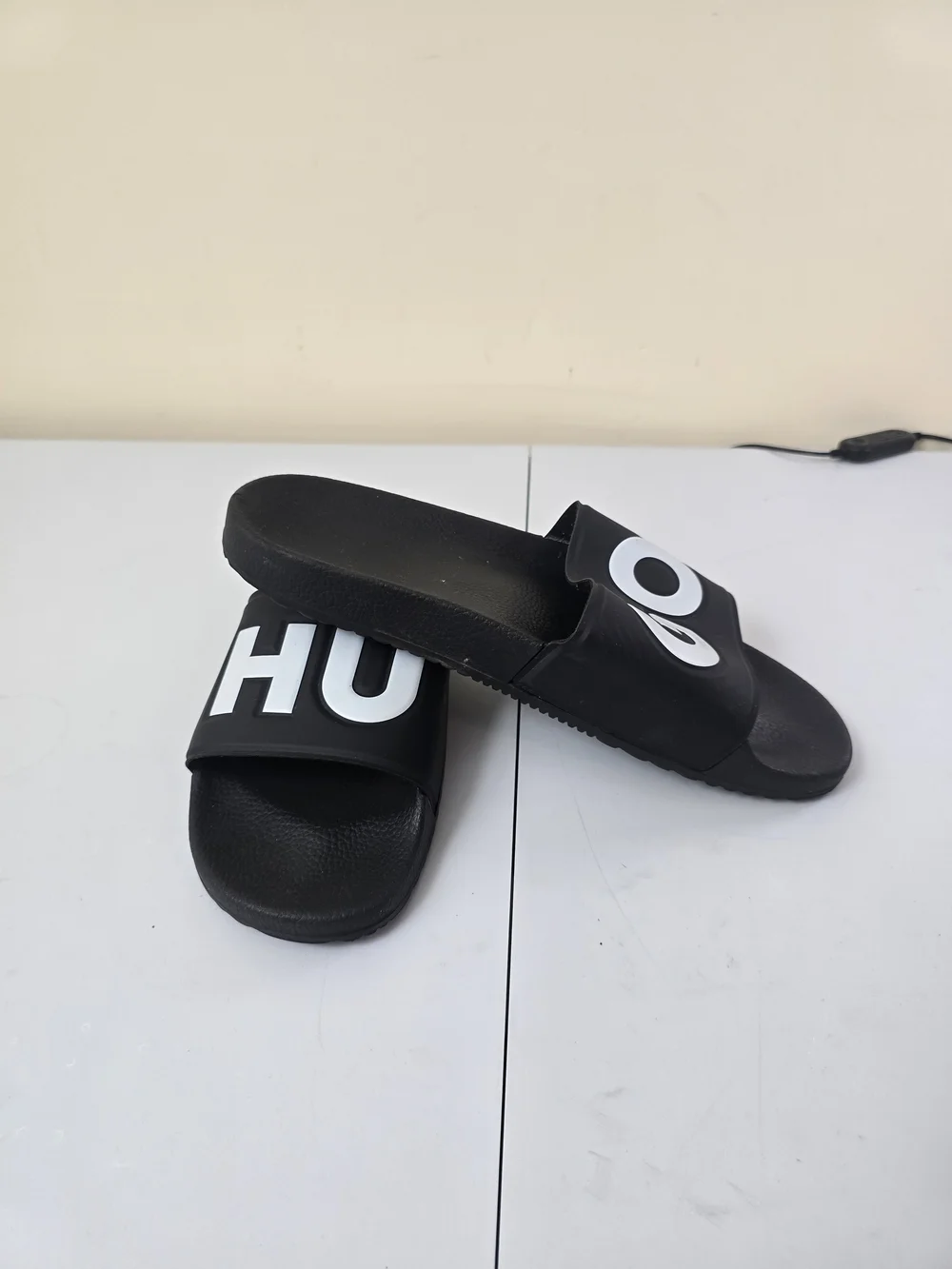 HUGO Black Slide Sandals with White Logo